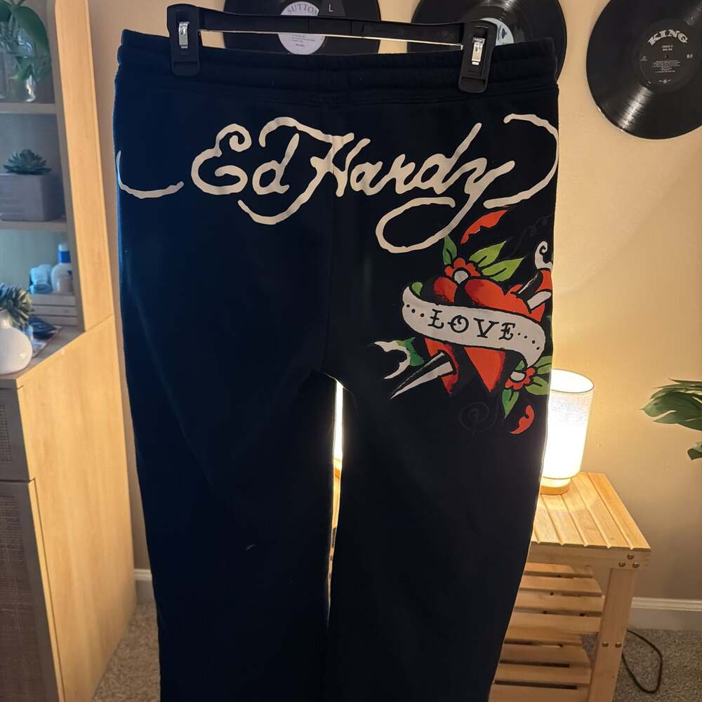 Ed Hardy NYC Skull Flare Black Graphic Sweatpants